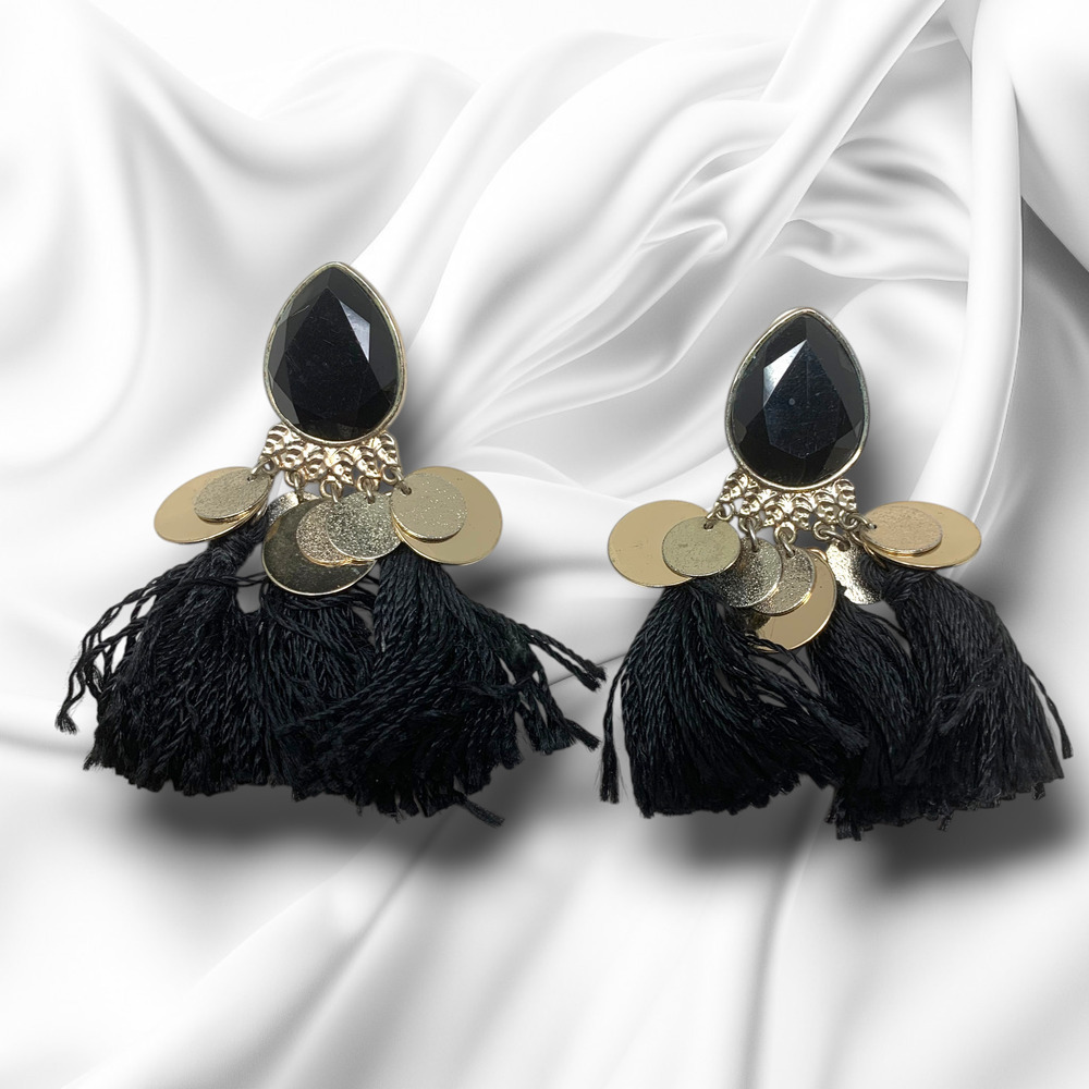 Vintage Y2K Black Tassel Dangle Earrings Pierced Avant Garde Art to Wear